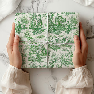 Papier Cadeau Elégante toile vintage verte de jouy