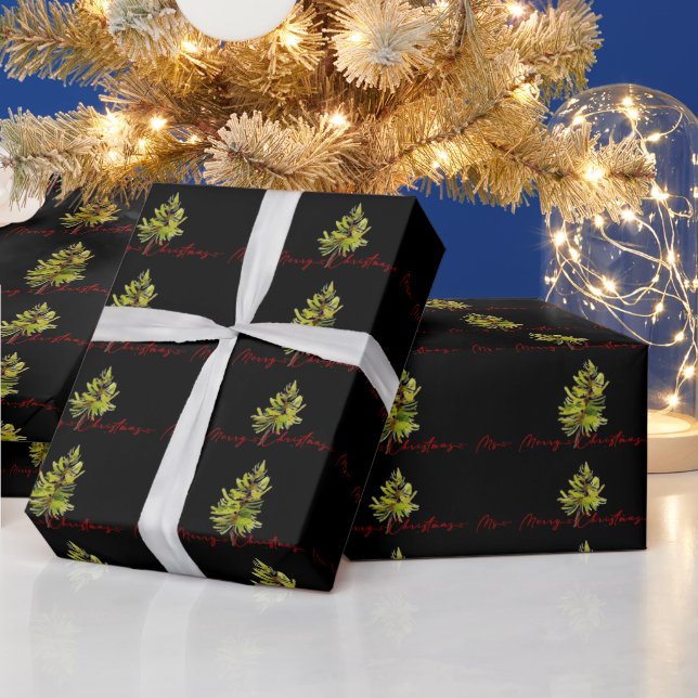 Papier Cadeau Élégante verdure Botanique Joyeux Noël Noir (Vacances)