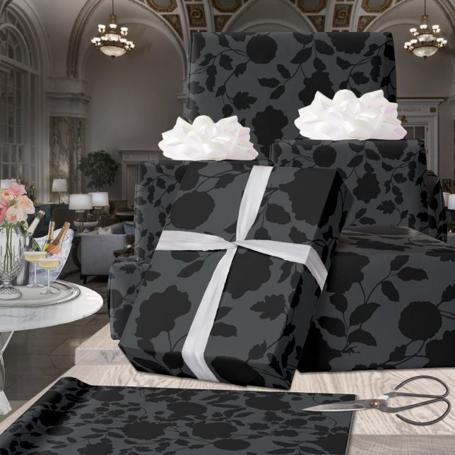 Papier Cadeau Élégante Vigne Florale Noire Sur Gris Charbon (Créateur téléchargé)
