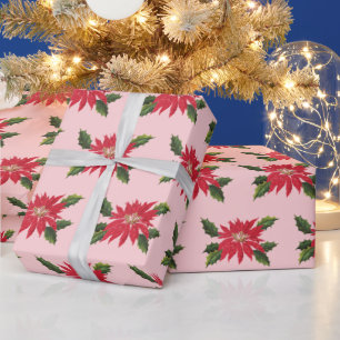 Papier Cadeau Elégante Vintage Poinsettia Fleurs de Noël rose