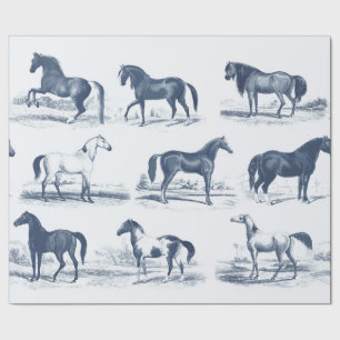 Papier Cadeau Elégante Vintage Toile Bleue Cheval races
