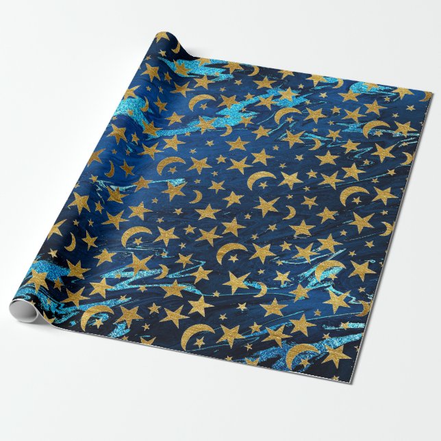 Papier Cadeau Elégantes étoiles d'or et marbre bleu lune marine (Déroulé)