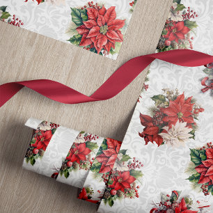 Papier Cadeau Élégantes Poinsettias de Noël et Damas