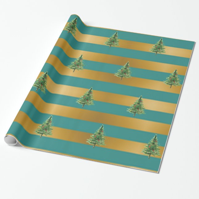 Papier Cadeau Élégantes rayures vert doré, pins, vacances (Déroulé)