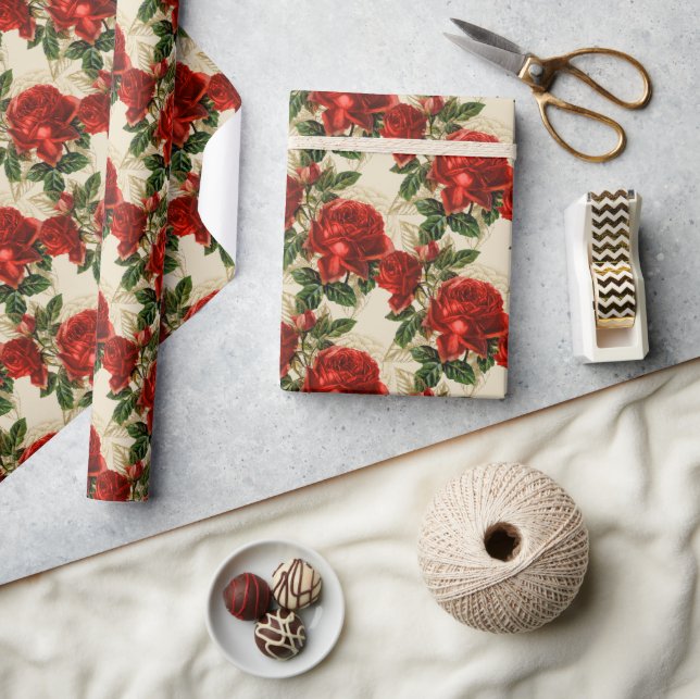 Papier Cadeau Élégantes roses rouges vintage beige  (Artisanat)