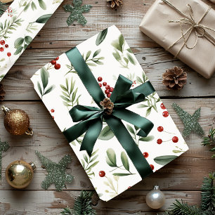 Papier Cadeau Élégantes verdures de Noël et baies rouges de fête