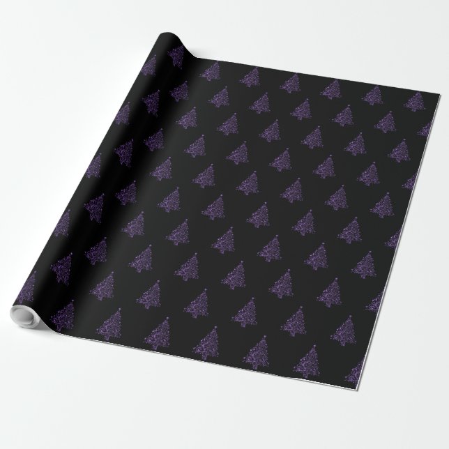 Papier Cadeau Élégants arbres de Noël Motif rayé violet (Déroulé)