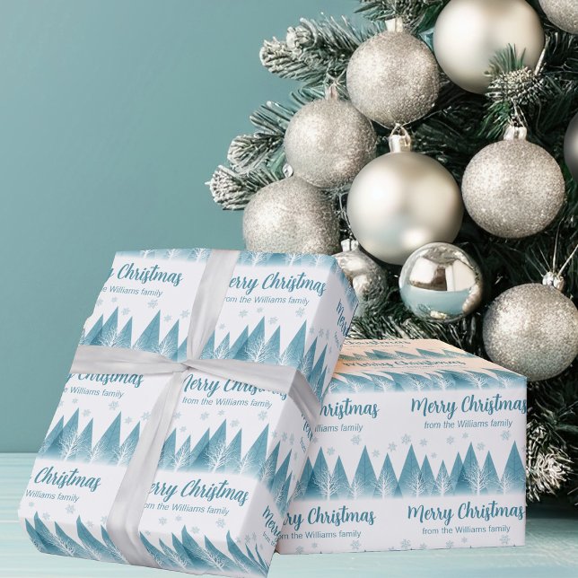 Papier Cadeau Élégants arbres d'hiver personnalisés Bleu Joyeux  (Créateur téléchargé)