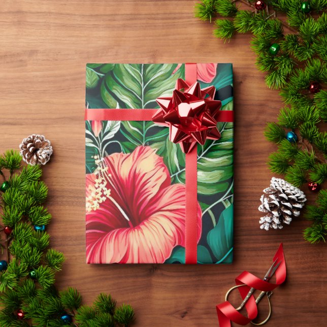 Papier Cadeau Élégants Feuilles tropicaux et fleurs d'Hibiscus | (Cadeau de vacances)