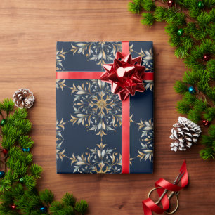 Papier Cadeau Élégants flocons de neige bleu et or de Noël