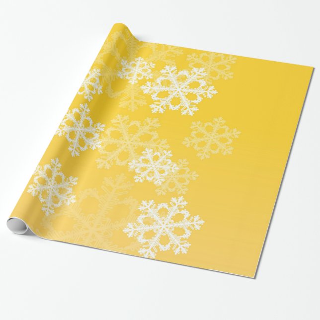 Papier Cadeau Élégants flocons de neige jaune motif de Noël mode (Déroulé)