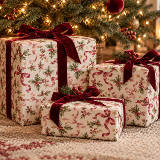 Papier Cadeau Élégants nœuds rouges et roses de Noël holly vinta