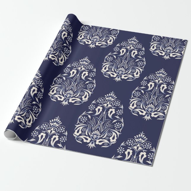 Papier Cadeau élément motif transparent damassé bleu (Déroulé)