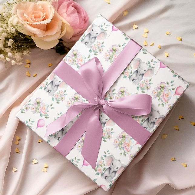 Papier Cadeau Eléphant Bébé avec pivoines et Baby shower à ballo (Wrap your baby shower gifts or party favors with this adorable baby shower Elephant with peonies!)