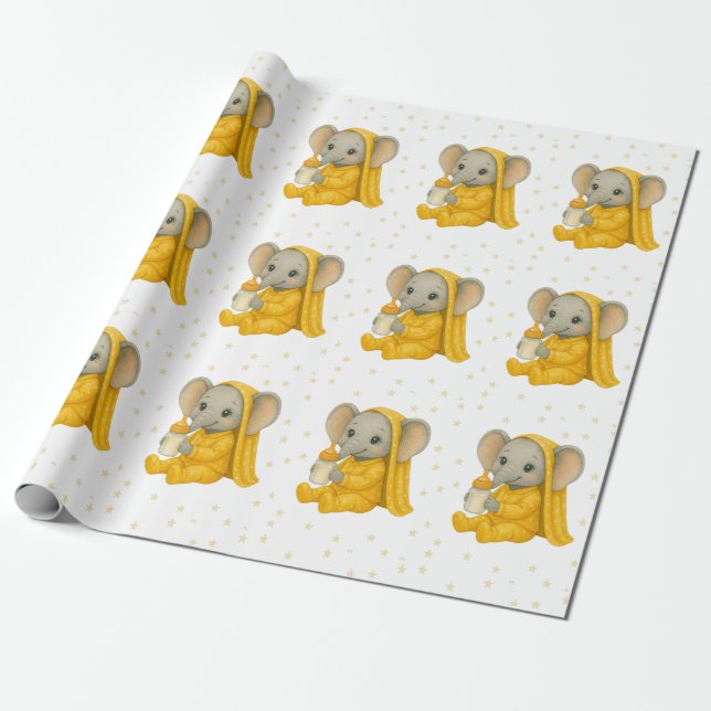 Papier Cadeau Elephant bébé dans le Baby shower de pyjama jaune (Déroulé)