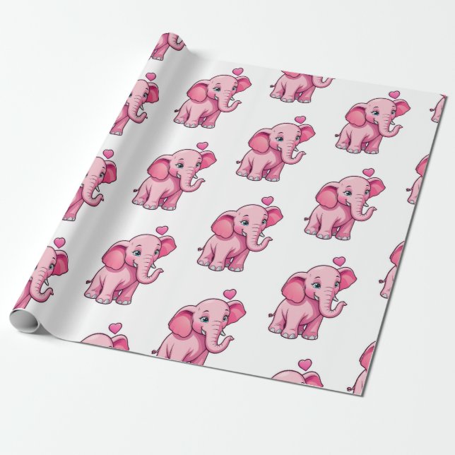 Papier Cadeau Eléphant Bébé Rose Cute Avec Amour (Déroulé)
