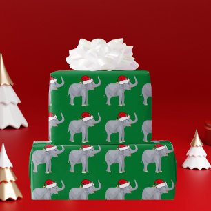 Papier Cadeau Elephant de Noël en vert de Santa Hat