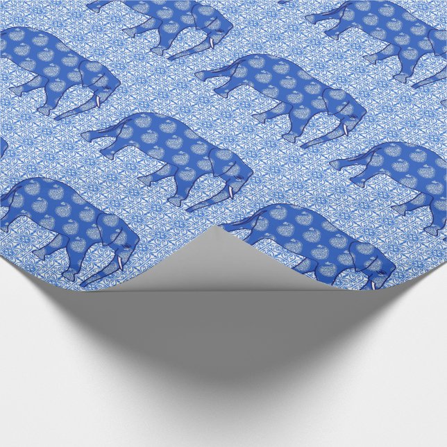 Papier Cadeau Éléphant de Paisley - bleu et blanc de cobalt (Coin)