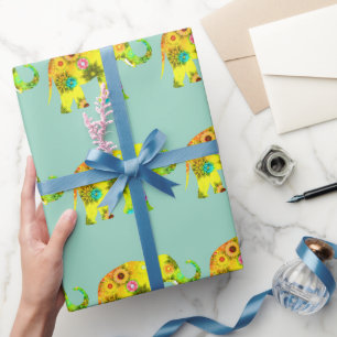Papier Cadeau Éléphant de style cartoon Fleurs Vibrantes Ludique