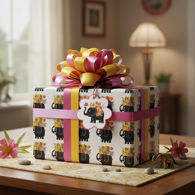 Papier Cadeau Éléphant et fleurs (Créateur téléchargé)