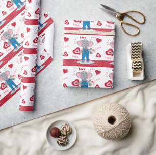 Papier Cadeau Eléphant et Motif de coeur du dessin animé migno