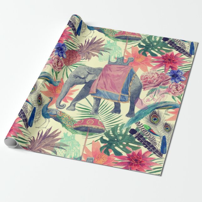 Papier Cadeau Eléphant Exotique Peacock Plutôt (Déroulé)
