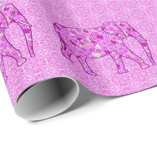 Papier Cadeau Éléphant fleur - orchidée et magenta (Coin rond)