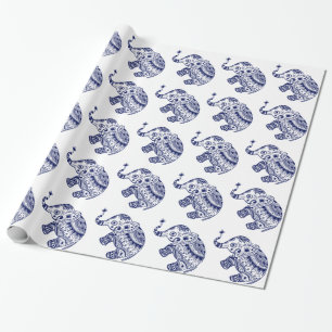 Papier Cadeau Eléphant Floral Cute En Blanc Et Bleu Marine