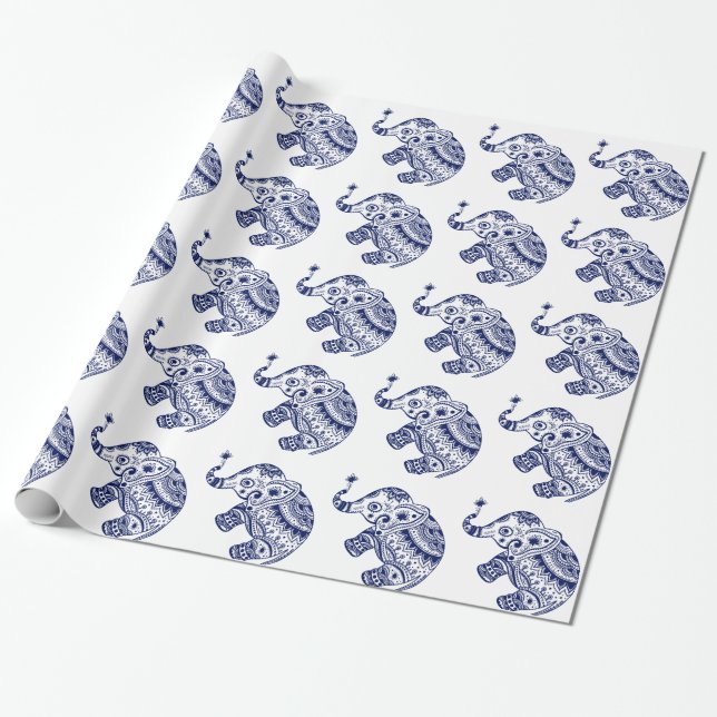 Papier Cadeau Eléphant Floral Cute En Blanc Et Bleu Marine (Déroulé)