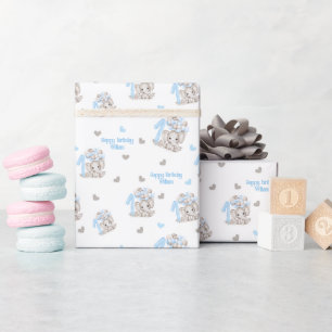 Papier Cadeau Eléphant mignon   1er anniversaire Garçon bleu Per