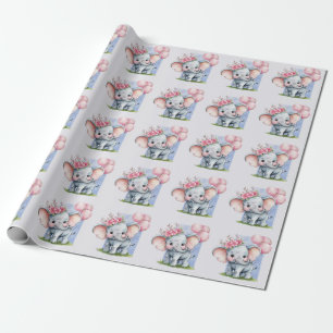 Papier Cadeau Eléphant mignon avec ballons roses fille
