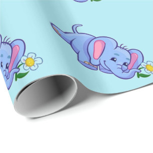 Papier Cadeau Eléphant mignon avec Fleur Jungle Animaux Enfants