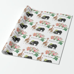 Papier Cadeau Eléphant mignon et girafe Floral Nom personnalisé