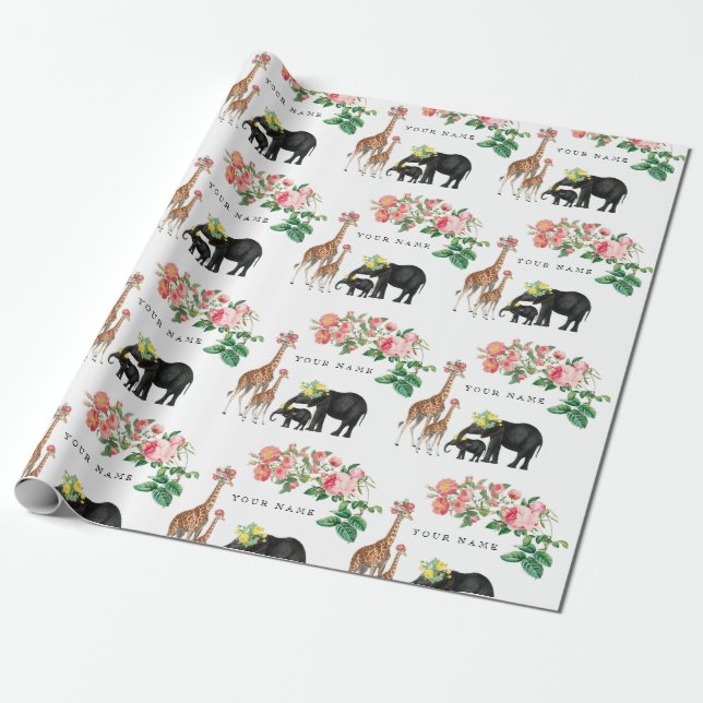 Papier Cadeau Eléphant mignon et girafe Floral Nom personnalisé (Déroulé)