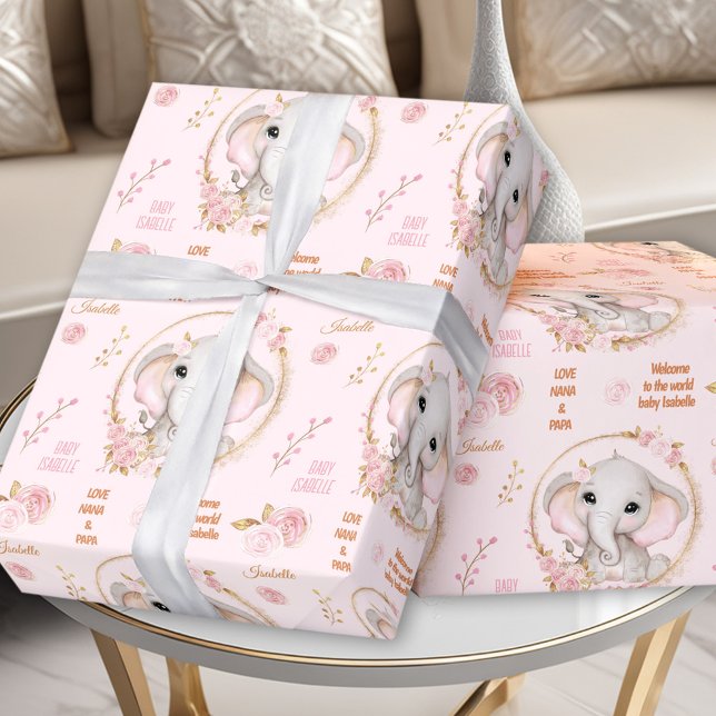 Papier Cadeau Eléphant mignon Floral Rose Baby Girl Nom personna (Cute Elephant Floral Pink Baby Girl Custom Name Wrapping Paper)