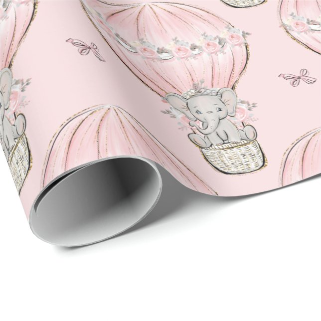 Papier Cadeau Éléphant Princesse Rose Montgolfière  (Coin rond)