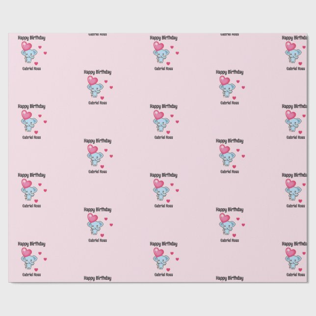 Papier Cadeau Éléphant rose mignon anniversaire (Plat)