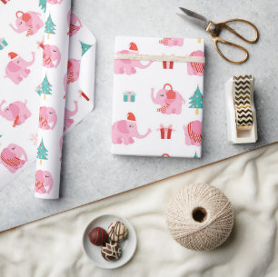 Papier Cadeau Eléphant rose mignon Vacances de Noël modernes
