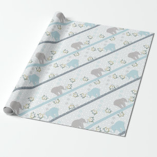 Papier Cadeau Éléphant Safari rayé bleu et gris   Baby Shower