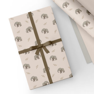 Papier Cadeau Éléphants aquarelle rose blush motif safari