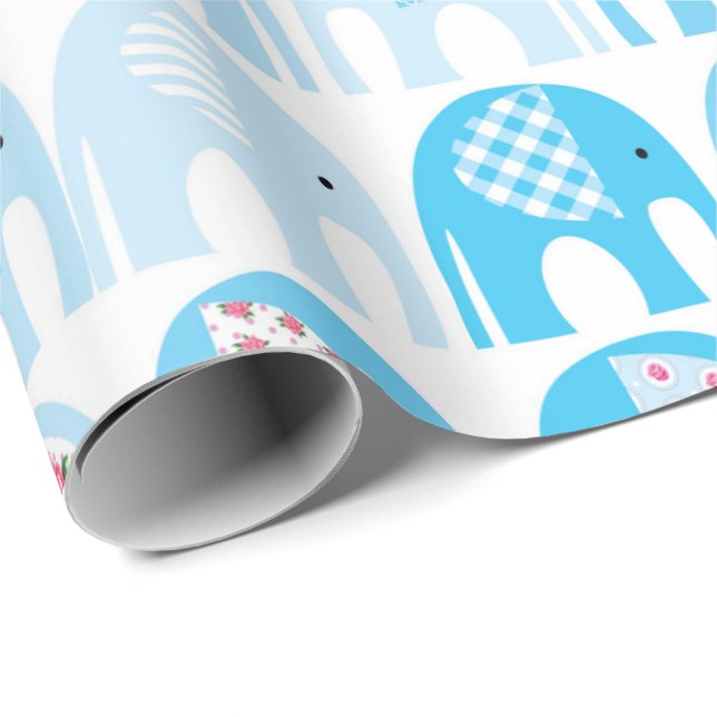 Papier Cadeau - Éléphants Bleus (Coin rond)