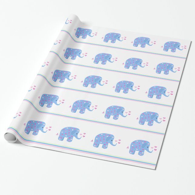 Papier Cadeau Eléphants Bleus avec Coeurs et Rayures (Déroulé)