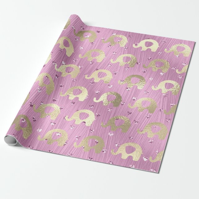 Papier Cadeau Eléphants Coeurs de Métal Or violet rose (Déroulé)