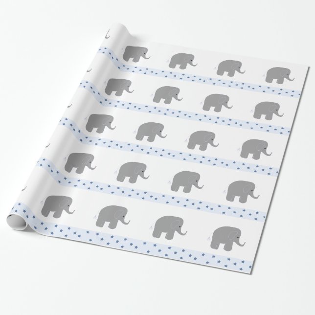 Papier Cadeau Éléphants Gris avec une Bordure d'Étoiles (Déroulé)