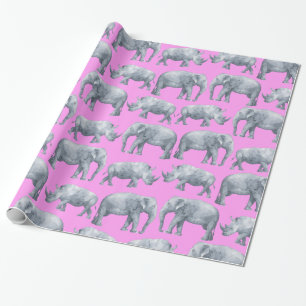 Papier Cadeau Eléphants gris rose et Motif d'aquarelle rhinocéro