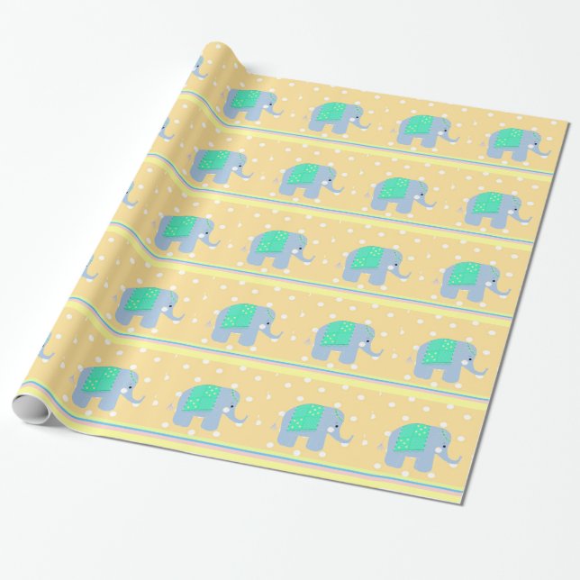 Papier Cadeau Éléphants Indiens Bleus avec des Points et des Ray (Déroulé)