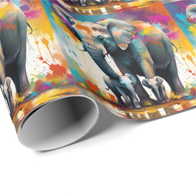 Papier Cadeau Éléphants Mère Et Bébés Colour Splash, (Coin rond)