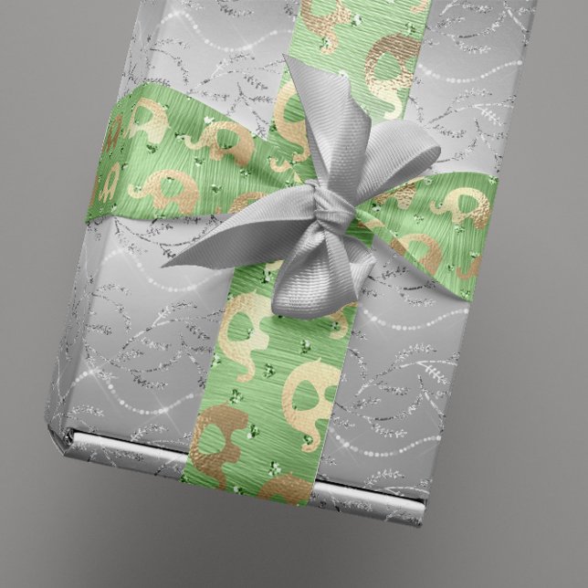 Papier Cadeau Eléphants Métalli Coeurs Gold Mint Baby Girl (Elephants Metalli Hearts Gold Mint Baby Boy Girl Wrapping Paper)