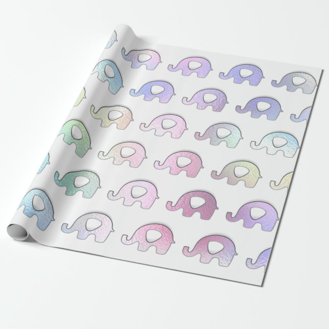 Papier Cadeau Elephants Pastel Hologramme Iridescente Blanc rose (Déroulé)