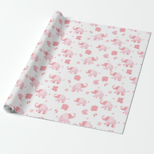 Papier Cadeau Eléphants rose clair et fleurs roses enveloppes ca